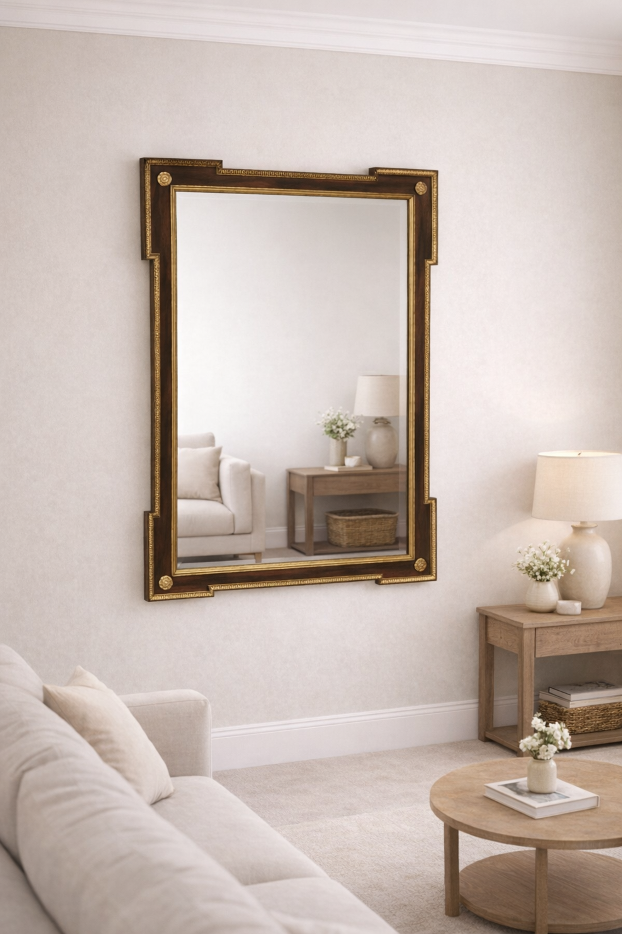 A rectangular walnut-framed accent mirror of Neoclassical influence, featuring a deep wood-grain