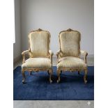 Pair of Louis XV Revival style open armchairs, known as 'Fauteuil à la Reine', features high, flat