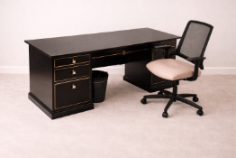 Black Lacquered Executive Pedestal Desk with InterStuhl Chair: A black lacquered wooden executive