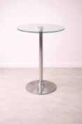 Glass and Chrome Round Poseur Table: A contemporary poseur table with a round clear glass top