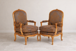 Pair of Montespan Armchairs in the Louis XV style: A pair of Louis XV style Montespan armchairs in