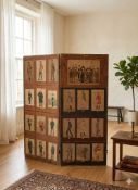 Edwardian three-panel folding screen is a striking work of antique decoupage, featuring a