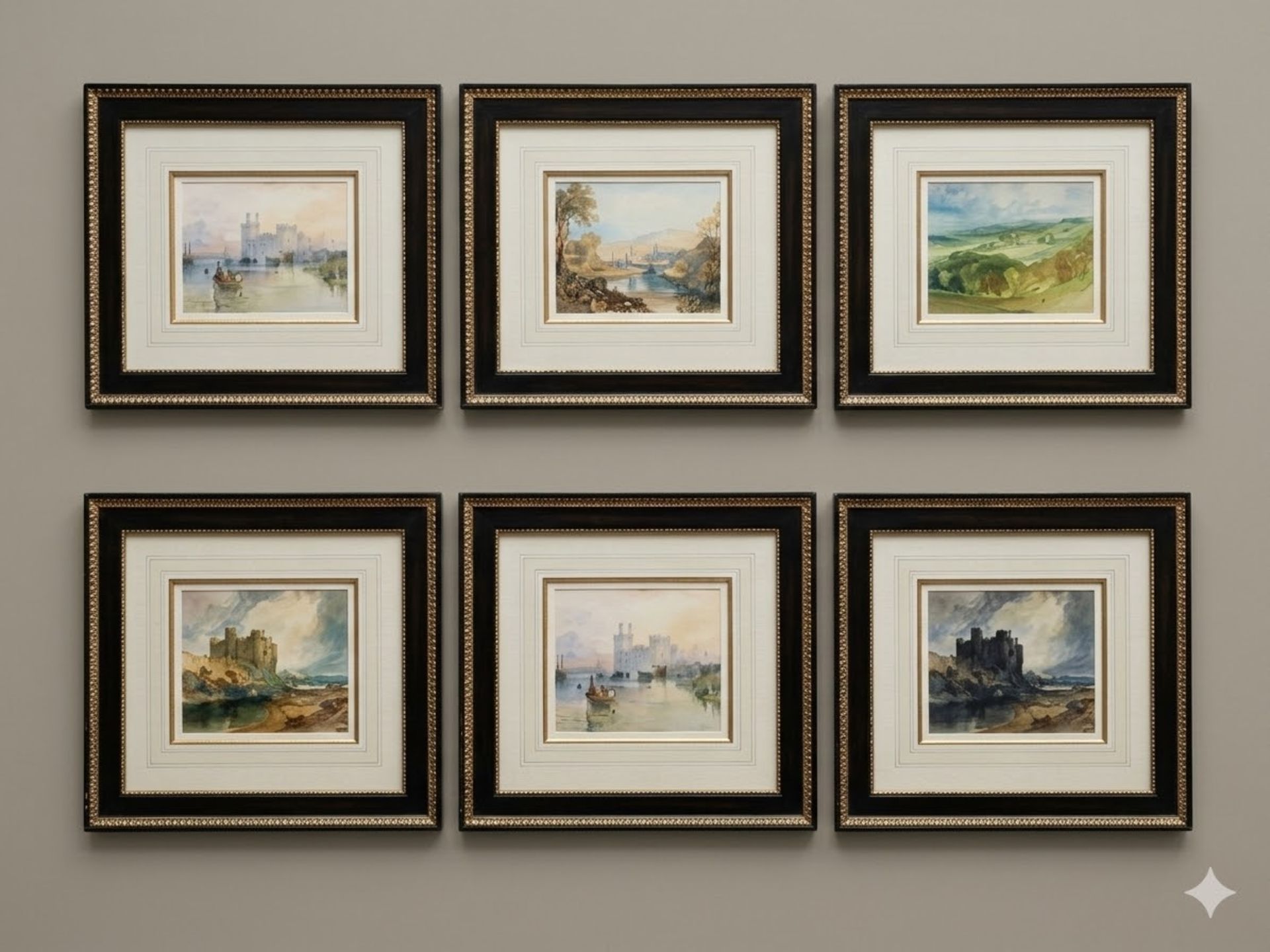 Set of Six Framed Landscape Prints — After J. M. W. Turner This set of six framed and glazed