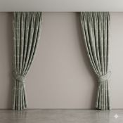 A pair of premium, woven cotton-blend drapes featuring a classic floral damask design in light green