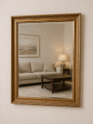 Gold Patterned Framed Bevelled Mirror A bevelled edge mirror framed in an ornate gold patterned