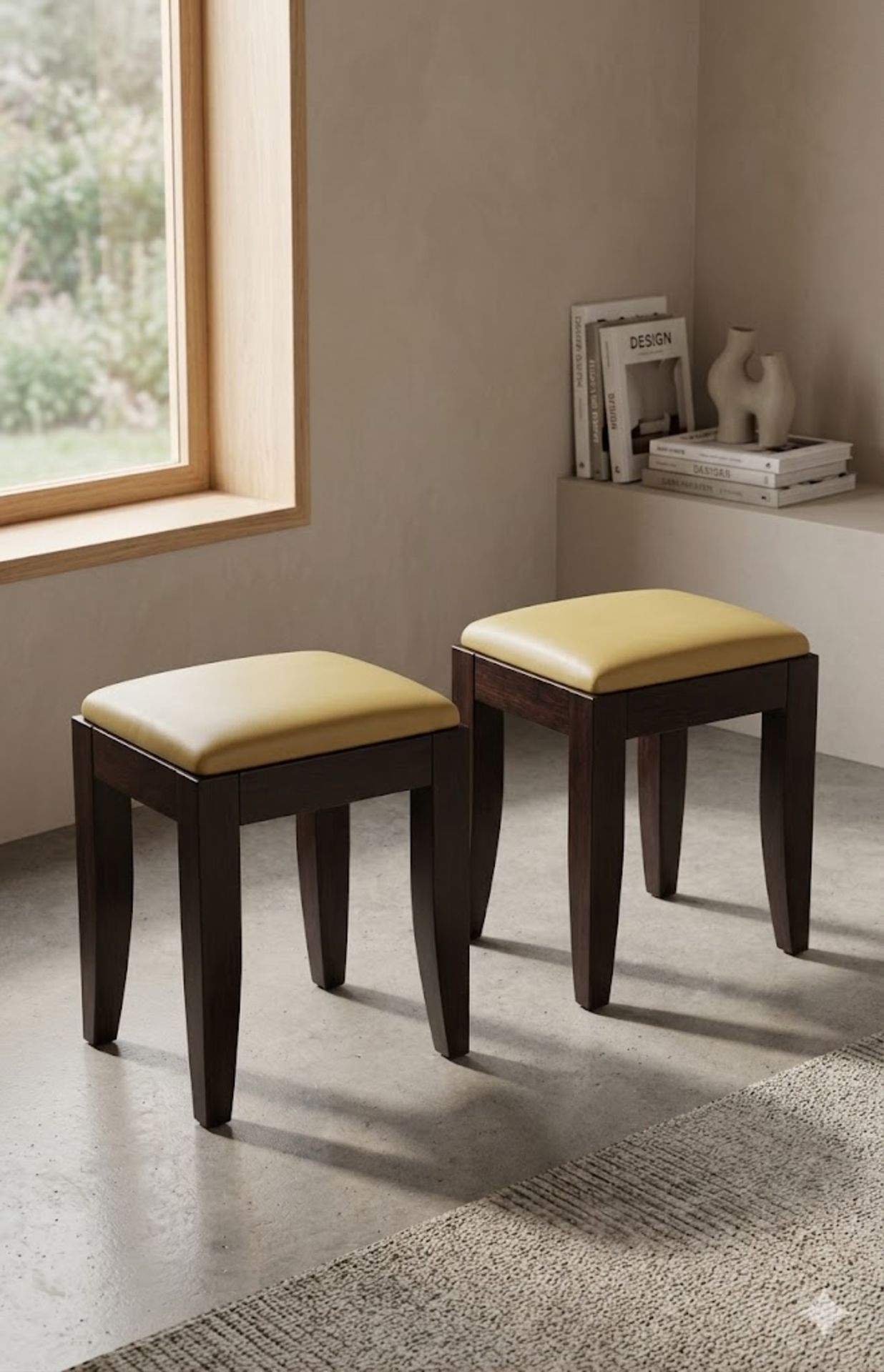 Pair of Decca Transitional Stools A pair of transitional stools with champagne leather seats