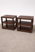 A pair of rectangular side tables or nightstands featuring a robust wooden construction fully