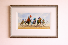 Jake Winkle (British, b.1964) At the Finish, watercolour. Housed in a distressed silver wood