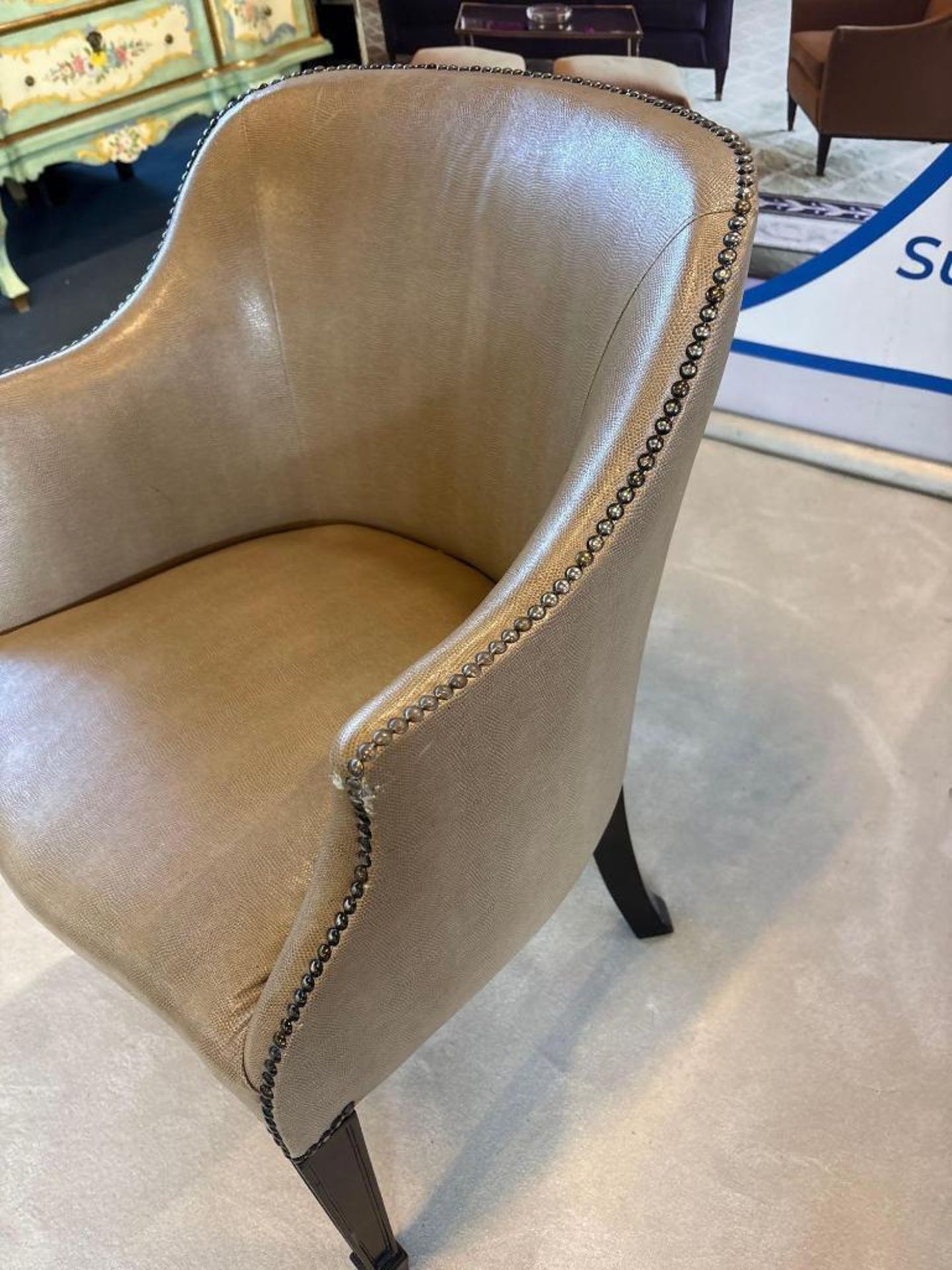 Whittemore Sherrill Style Barrel-Back Leather Armchair This barrel-back armchair, in the style of - Image 8 of 9