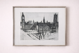 A monochrome charcoal etching by Bernard Kay (British, 1927–2021) titled 