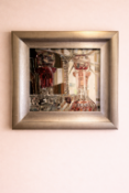 Helen Samuels Glass Shelf, oil on canvas. An interior still life depicting a glass and silver vase