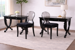2 xpolished ebony black writing table featuring a high-gloss glass top over two frieze drawers