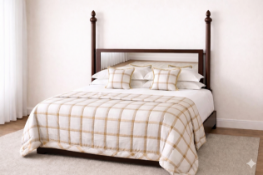 A large mahogany headboard in the style of a four-poster bed, featuring substantial turned posts