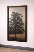 A framed wall art mirror featuring an eglomise tinted mirror plate, depicting a silhouetted tree