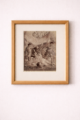 A framed monochrome print depicting the 'Punishment of Dirce', a reproduction of the famous Roman