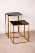 2 x polished brass tall side table with black glass tempered top 40 x 40 x 75cm(CHIW 536)