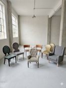 A collection of eight various seating pieces, comprising: Pair of industrial-style armchairs,