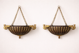 A pair of Continental gilt and patinated bronze hanging jardinieres from the first half of the
