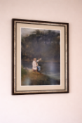 Attributed to Brian Barrington Man Fishing by a River, framed print. Dated 1992 and housed in a