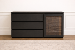 A contemporary solid wood sideboard in a matte black finish, featuring a three-drawer