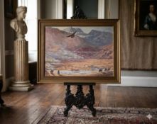 An oil painting framed signed A Healey 2004 depicts a vast desert valley characterised by rugged