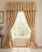 A pair of show or canopy curtains and a matching pelmet in a traditional style, featuring a delicate