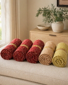 A set of five king-size bed runners in a contemporary quilted style, featuring various textured