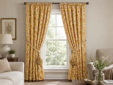 A pair of curtains and a matching pelmet in a traditional style, featuring an Art Nouveau-inspired