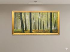 A large giclee print of an impressionist-style landscape painting, depicting a dense forest of