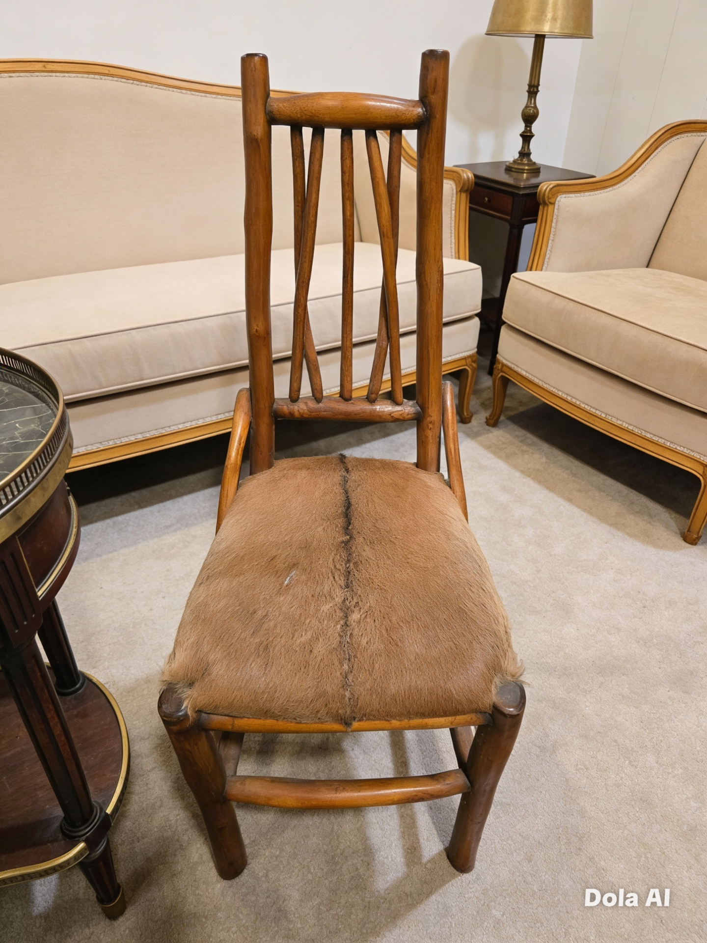 A side chair in the Arts and Crafts style, featuring a rustic frame constructed from light-toned