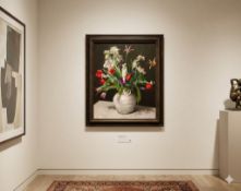 An oil painting framed, floral still life is characteristic of the work of John MacCormack Farmer (