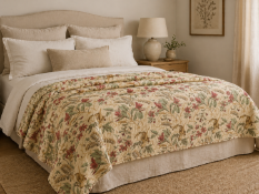 A large quilted bedspread or throw featuring a traditional botanical style print on a cream