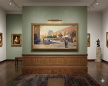 An oil painting framed, A commandingly large-scale street scene capturing a sun-drenched piazza. The