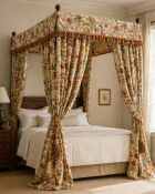 A pair of show or canopy curtains and a matching pelmet in a traditional style, featuring a