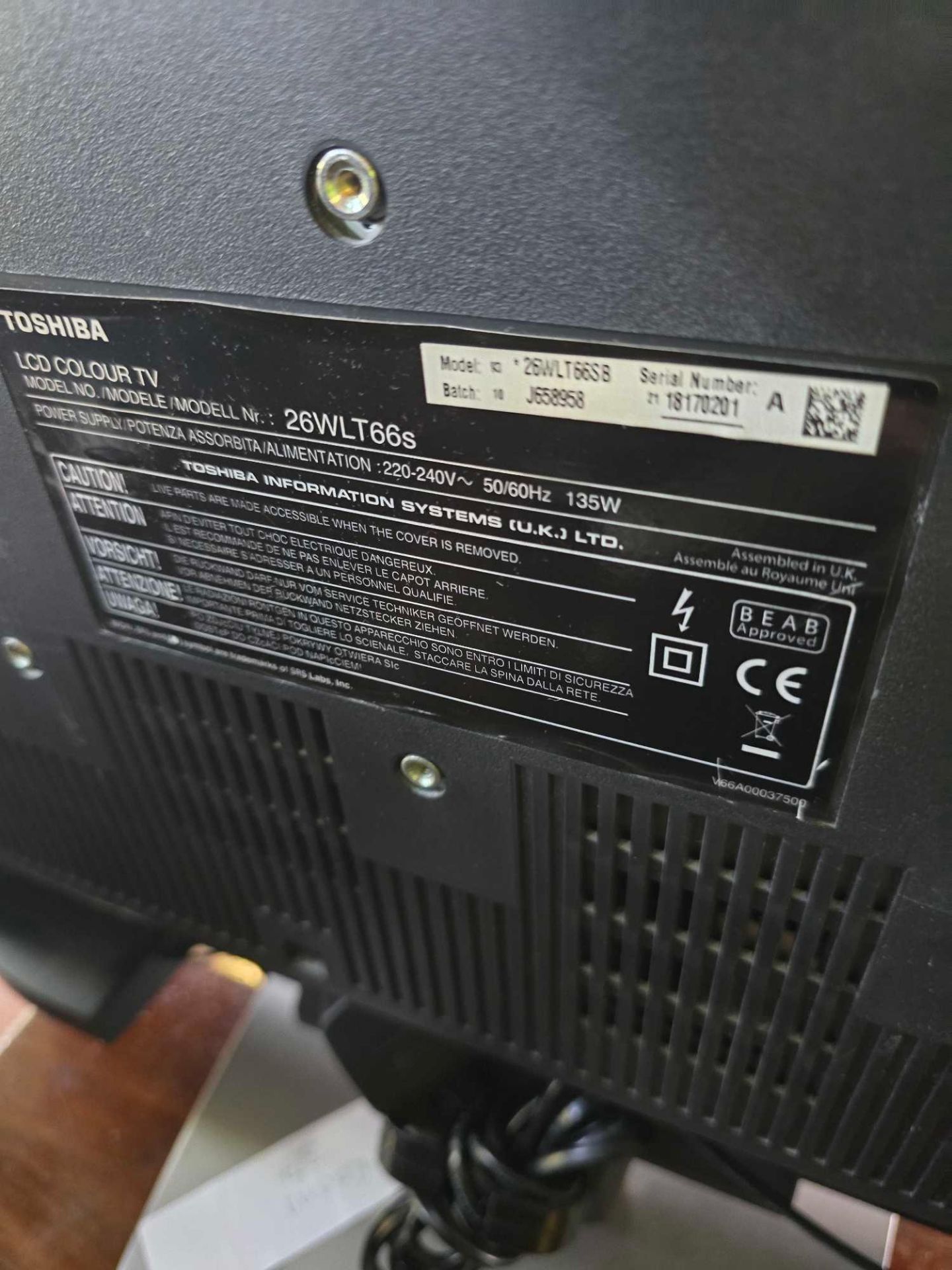 A 26-inch Toshiba 26WLT66S LCD television in a classic mid-2000s style, featuring a matte black - Image 2 of 2