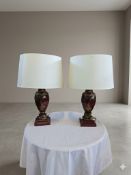 A handsome pair of contemporary Chinoiserie table lamps of classical urn form. Each lamp is