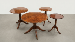 An assortment of 4 x mahogany and walnut side tables, showcasing a classical English aesthetic.