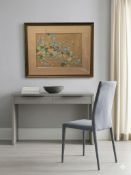 Framed Chinoiserie/Japanese Kacho-ga style artwork. Hand-painted on silk. Scene depicts pair of