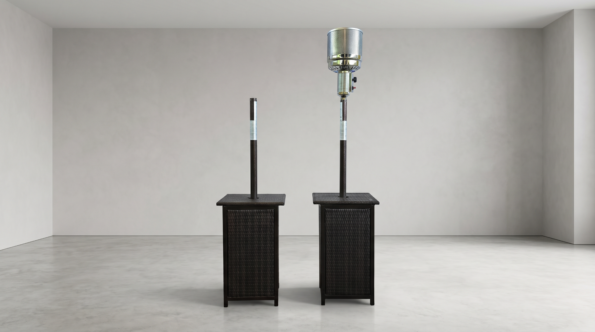 A pair of contemporary gas patio heaters, designed with decorative all-weather synthetic wicker