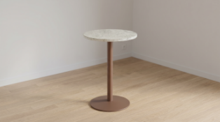 A contemporary circular high bistro or poseur bar table of industrial minimalist design. The