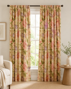 A pair of large, heavy lined fabric window curtains. The textile features a traditional country-
