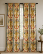 A pair of lined fabric window curtains, matching the pattern of the preceding lot, featuring