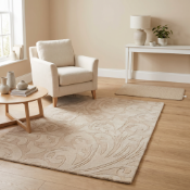 Two contemporary style runners in cream and beige. Larger runner with embossed damask scroll