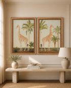 A pair of large decorative safari-themed prints, each depicting a full-length study of a giraffe