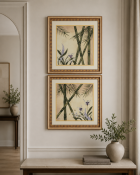 A pair of large decorative square prints in the Orientalist style, titled Bamboo and Bloom. Each