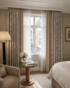 A Luxury Window Drapery Suite Comprising a Pair of Silk Interlined Curtains and Coordinating Show