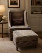 A Contemporary Art Deco Revival Wingback Accent Chair and Matching Footstool An elegant armchair and