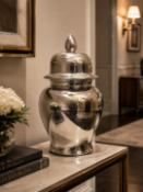 A pair of Premium Contemporary Asiatides Platinum-Chrome Glazed Ceramic Temple Jar with Lid An
