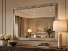 A large contemporary silver mirror A sophisticated Art Deco-inspired stepped wood frame finished