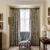 Two Pairs of Luxury Custom-Tailored Botanical Print Drapes with Silk Leading Edge Trim An